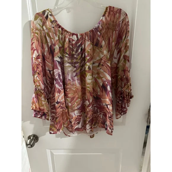 Lucky Brand L Rust Maroon Green Leaf Print Off-Shoulder Blouse Top - Picture 2 of 10